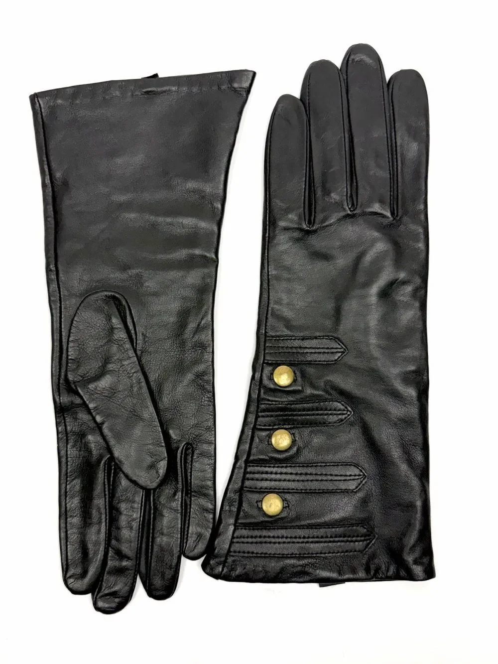 Mercer & Madison Black Leather Gloves Silk Lined XL 12” Long Brass Stud Accent